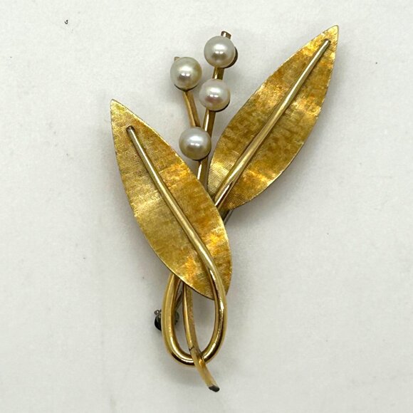 Vintage Krementz Brooch Pin Gold-Tone Leaf & Faux Pearl Floral 1.5 inch - Picture 5 of 16